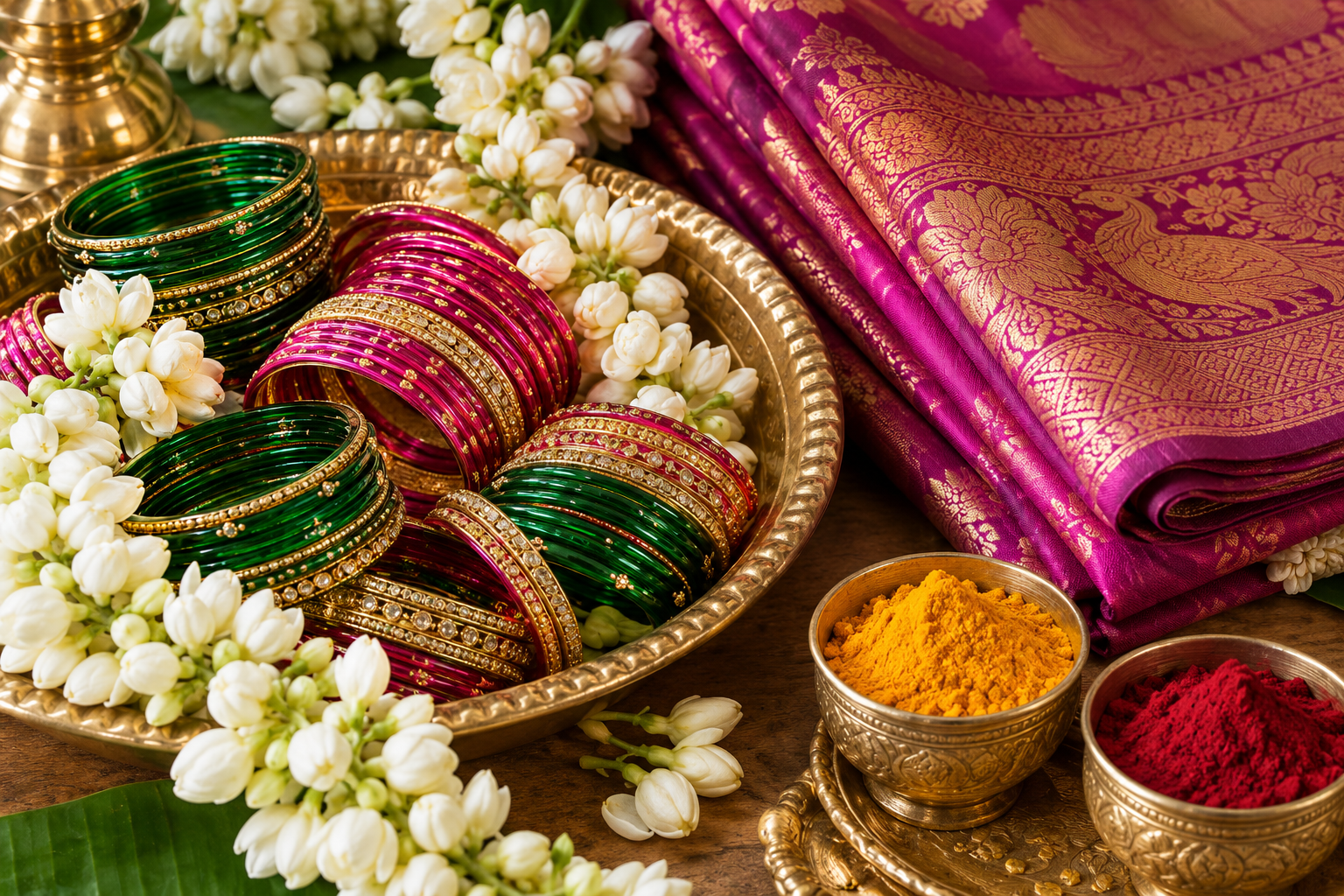 Colourful glass bangles, jasmine and magenta silk arranged on a brass plate